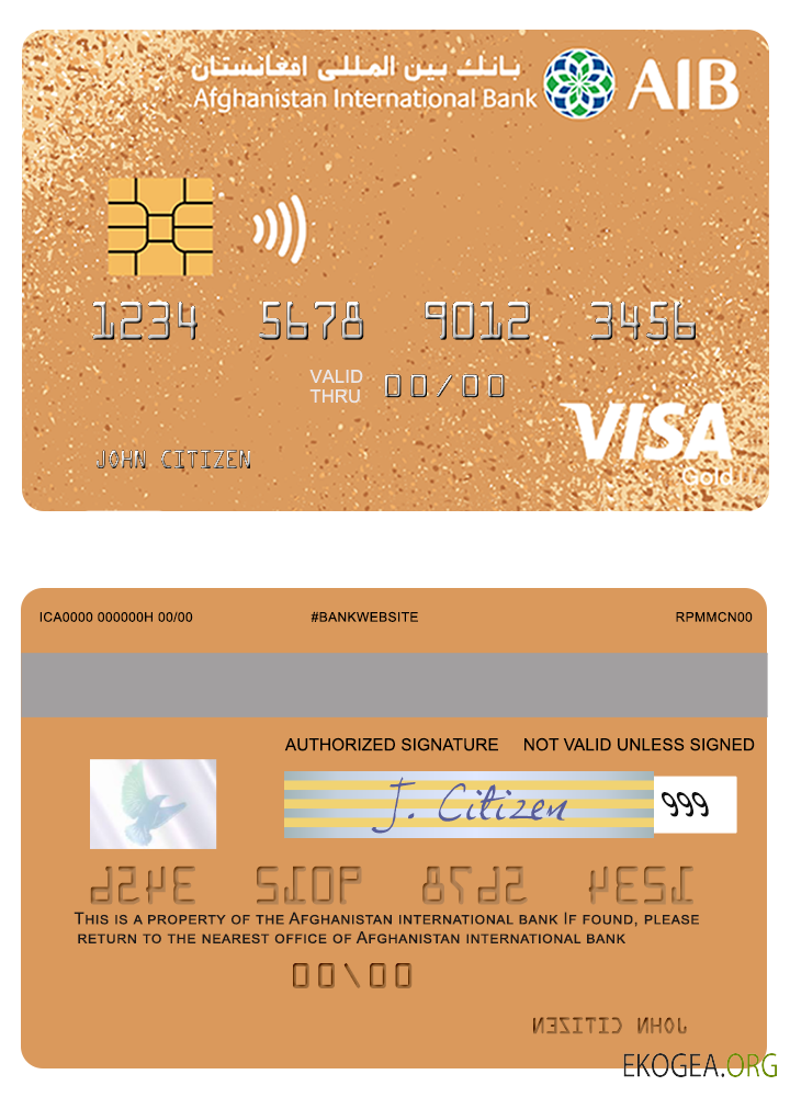 Carte prépayée Gold Visa bancaire internationale d'Afghanistan